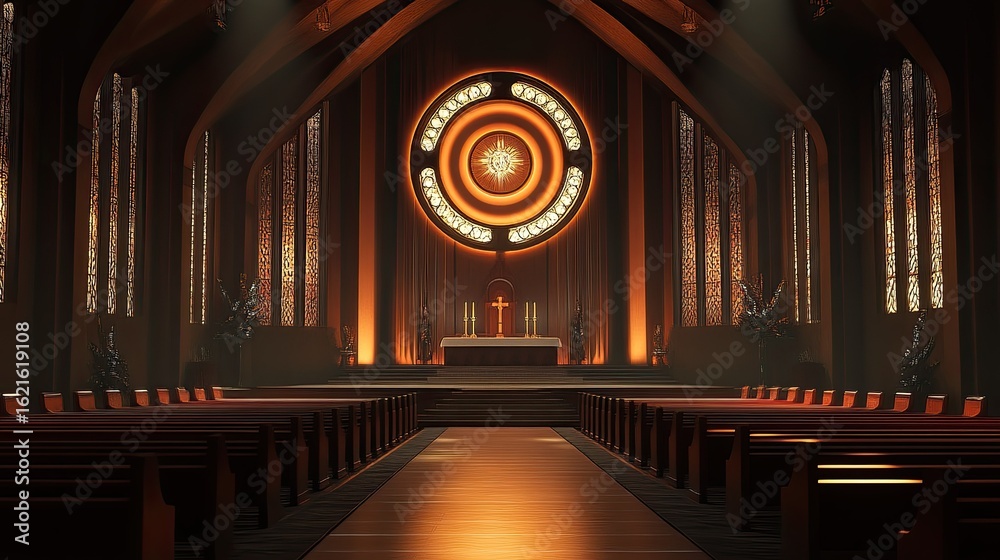 Obraz premium Sacred Sanctuary: A Digital Rendering of a Modern Church Interior