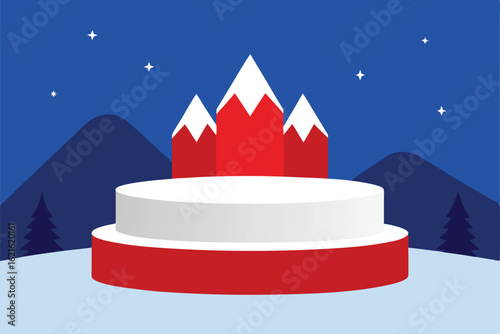 winter podium with frosted pinecones and red velve.eps