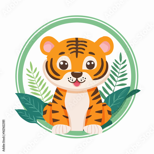 Adorable Cartoon Tiger Cub with Playful Expression and Green Foliage Backdrop Illustration
