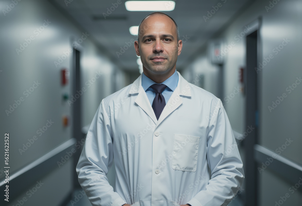 Surgeon reviewing medical charts in a hospital corridor Surgeon reviewing medical charts in a hospital corridor