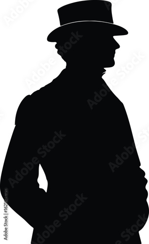The image shows a black silhouette of a person wearing a top hat, viewed from the side, suggesting a formal or historical setting, possibly a man in Victorian-era attire.