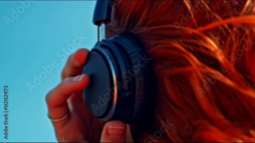 Young redhead wearing headphones, listening intently against bright blue sky, embodying summer relaxation and musical escape