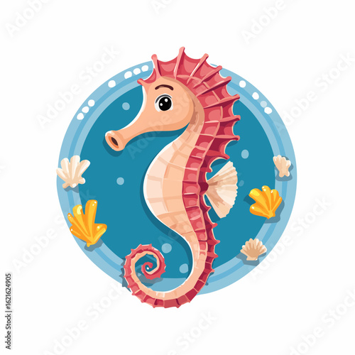Charming seahorse illustration with coral pink hues against a tranquil blue backdrop