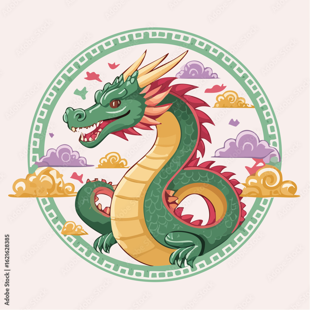 Obraz premium Illustrative depiction of a green and yellow mythical dragon within a decorative circle frame