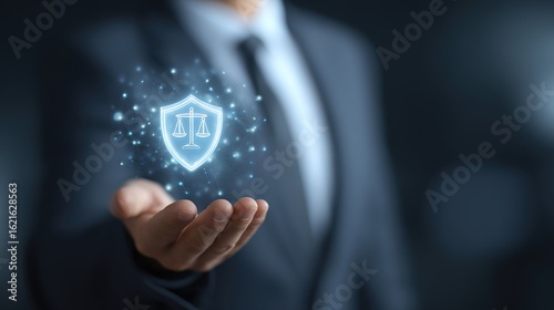 Legal Shield: A professional, in a formal suit, extends their hand to display a digital icon of a shield, showcasing concepts of law and justice within a technological and futuristic realm.