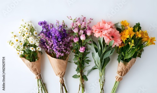 several seperate bundled flower bouquets laying on their side aerial on white background