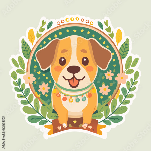 Adorable dog cartoon illustration with decorative floral wreath and festive ornaments