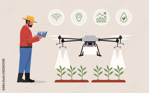 Farmer using tablet to control drone spraying fertilizer in smart agriculture field. Technology and data monitoring in precision farming system. Flat vector illustration.