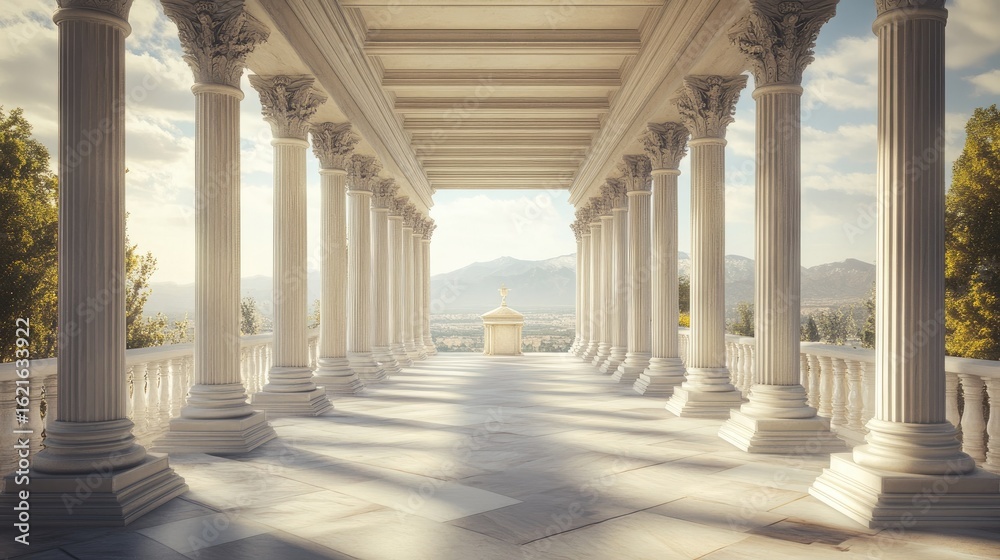 Fototapeta premium Serene Classical Colonnade Overlooking Mountains
