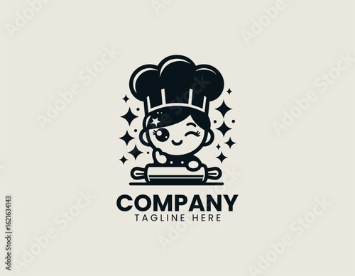 A happy cartoon baker winking with a wooden rolling pin