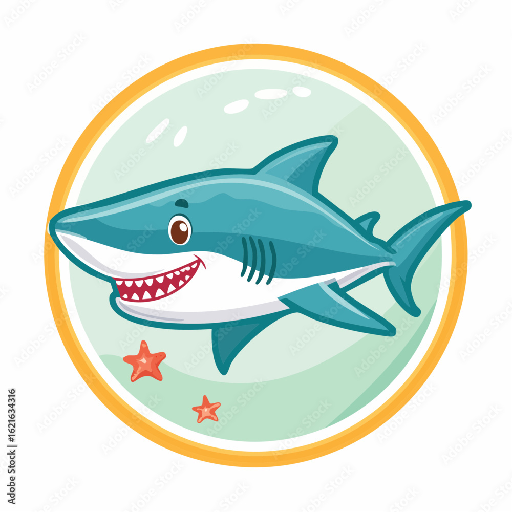 Fototapeta premium Adorable cartoon shark character swimming cheerfully inside a circular frame design