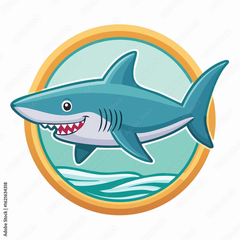 Fototapeta premium Cartoon shark swimming within a circular frame with waves, a playful and colorful ocean icon
