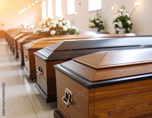 Rows of wooden caskets in a funeral home