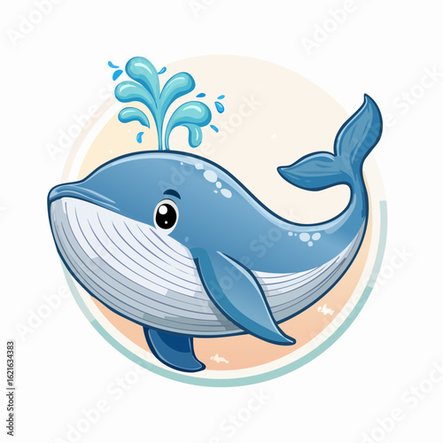 Playful Whale Cartoon Illustration: A Cheerful Aquatic Mammal Spouting Water in a Circle Frame