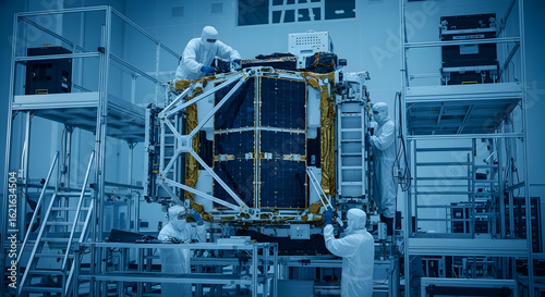 Satellite Construction in Clean Room Engineers Assemble Spacecraft Solar Panels in Lab Space Exploration Technology Engineering Futuristic Aerospace Innovation Hi Tech
