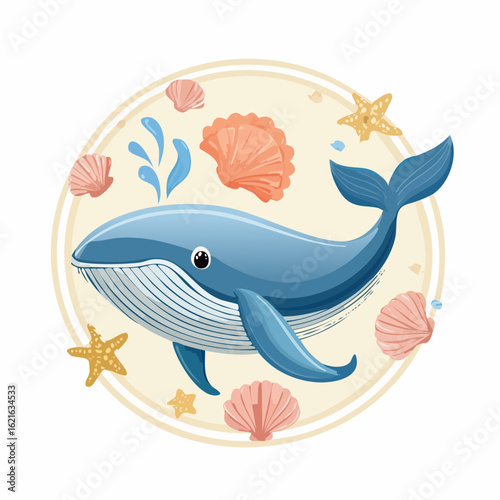 Whimsical oceanic illustration showcasing a gentle blue whale amidst seashells and starfish
