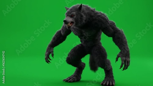 Ferocious Werewolf Creature Roaring and Moving Aggressively on Green Screen Background