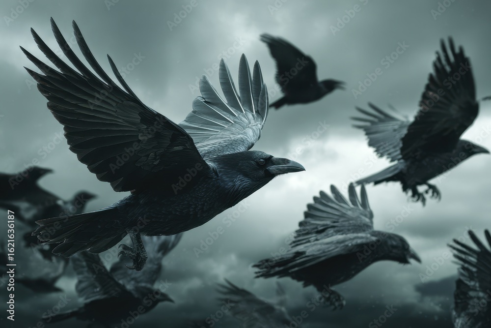 Fototapeta premium Dark Flight of Crows against Dramatic Stormy Sky Background