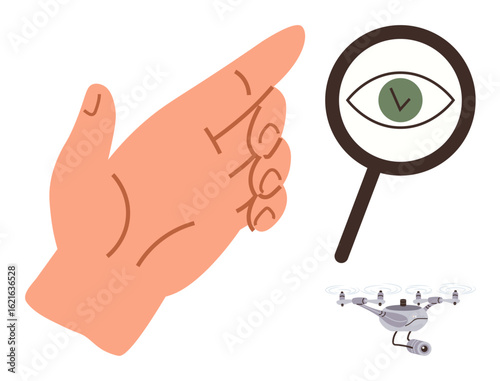 Open hand gesture, magnifying glass focusing on an eye, and a quadcopter drone convey ideas of observation, precision, advanced technology, vigilance, exploration, transparency. Ideal for innovation