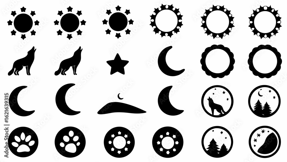 Naklejka premium Collection of silhouette images including wolves howling at the moon, stars, paw prints, and trees in black