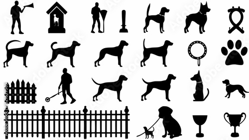 Silhouette collection featuring dogs, dog training equipment, and dog related activities shown in black