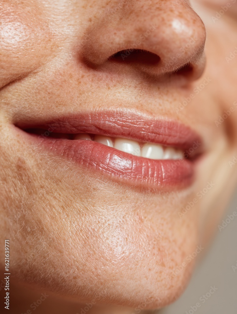 Obraz premium Close-up of Gentle Smile Showcasing High-Resolution Lip and Skin Texture With Clean Space at Bottom Third for Natural Beauty Focus