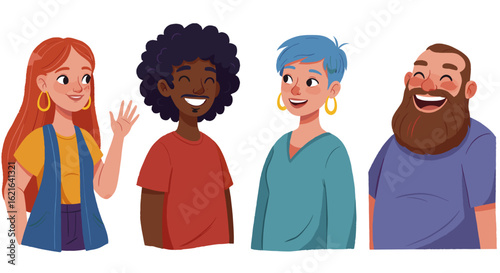Illustration of four diverse individuals with different hairstyles and clothing styles smiling
