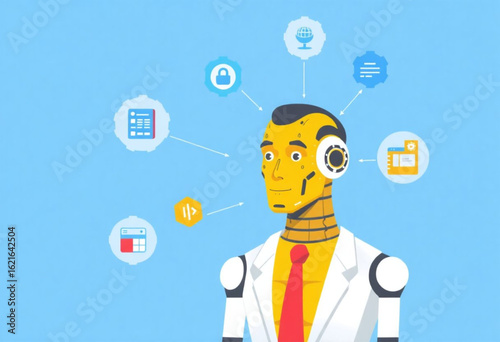 Ilustração homem de negócios do futuro com ícones flutuando.