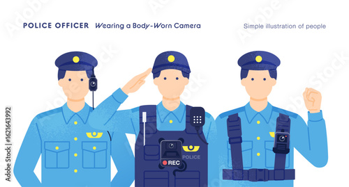 ウェアラブルカメラを装着した警察官のベクターイラストセット