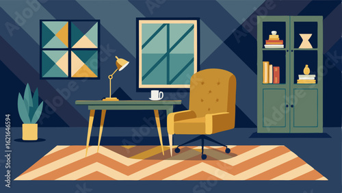 A stylish home office with a geometric patterned rug a velvet tufted armchair and a brass desk.