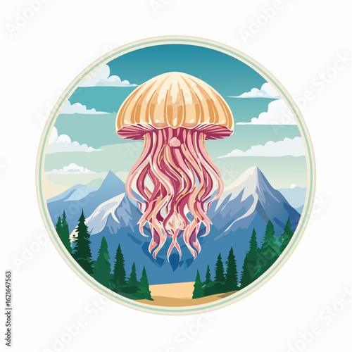 Surreal Jellyfish Scene: A dreamlike fusion of marine life and mountain landscape
