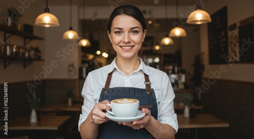 Smiling young female barista in an apron proudly presenting a freshly made cappuccino in a cozy modern cafe