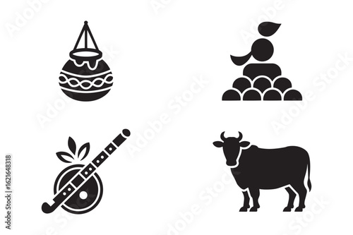 Cultural Icons Including Pot Musical Instrument and Cow hanging pot decorated pot