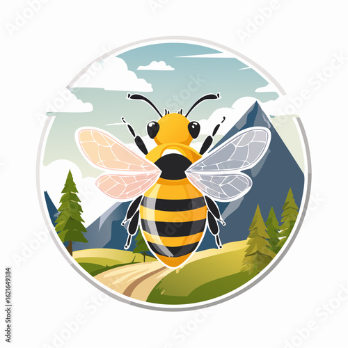 Cheerful bee amidst a scenic mountain landscape in a vibrant circular frame