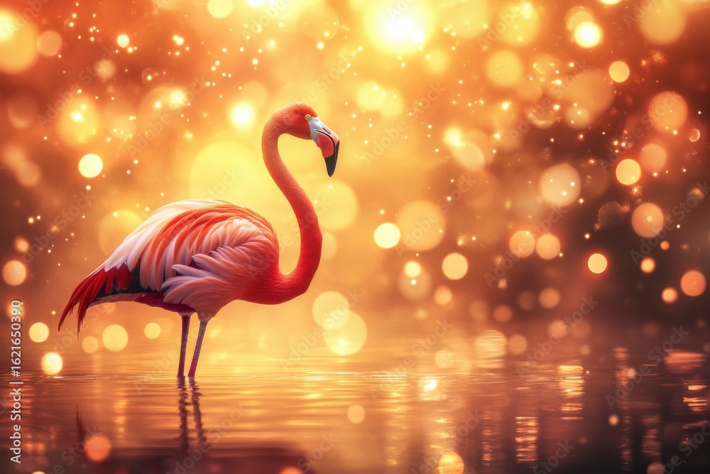 Fototapeta premium Majestic Flamingo Standing in Water with Bokeh Lights Background