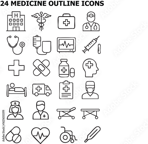 A comprehensive collection of 24 outline icons representing various medical elements including equipment, professionals, and healthcare symbols for visualizing health concepts effectively.