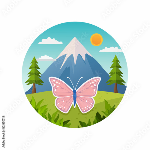Majestic mountain scenery with vibrant pink butterfly on a sunny spring day icon