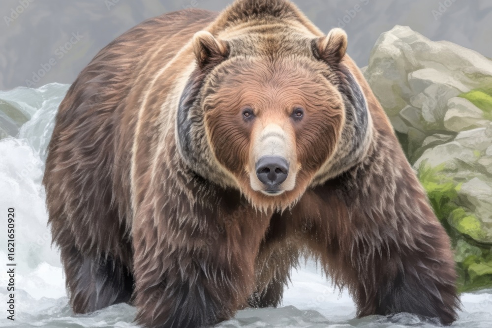 Fototapeta premium Majestic Grizzly Bear Standing in a River with a Serene Backdrop
