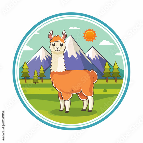 Adorable Cartoon Llama in a Scenic Mountain Landscape Circle Vector Illustration