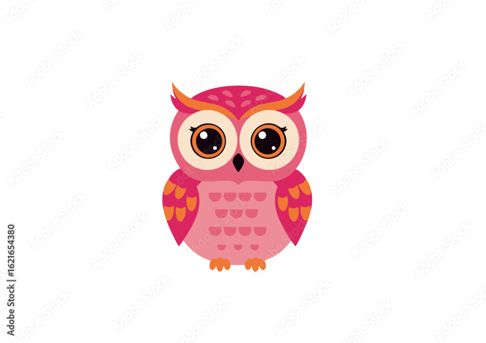 A cute pink cartoon owl with big eyes. A funny bird character illustration with orange details, isolated on a white background.