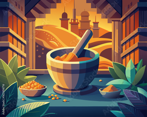 colorful illustration of a beautiful mortar with golden turmeric paste being prepared