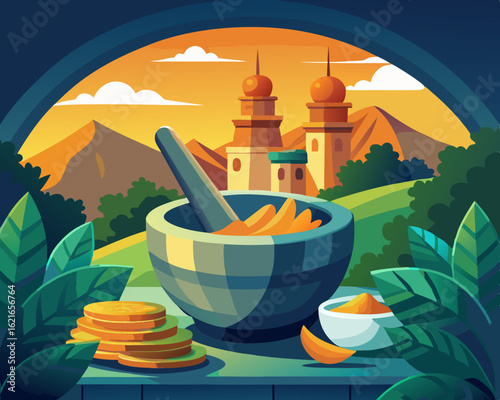 colorful illustration of a beautiful mortar with golden turmeric paste being prepared