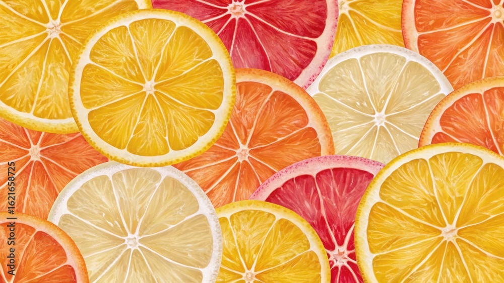 Obraz premium Vibrant close up of assorted citrus fruit slices including oranges lemons and grapefruits