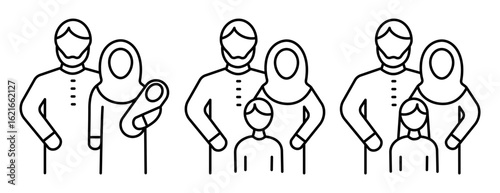 Set of arabic muslim family, parents and their children outline icon isolated on white background vector illustration. Islamic muslim happy family parenting concept. Perfect for Islamic and design.