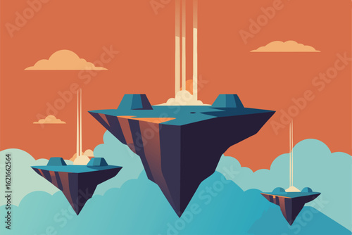 floating stone islands with waterfalls into the sk.eps