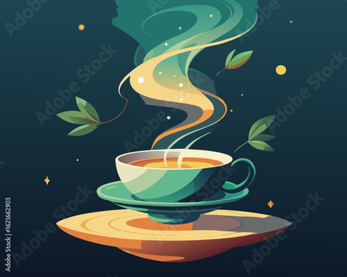 colorful illustration of a floating tea cup with swirling vapor infused with herbs