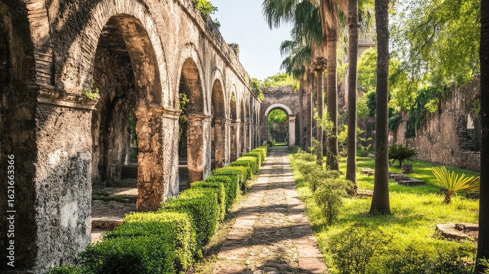 Obraz premium Ancient Ruins Pathway in Lush Greenery: A Serene Tropical Garden