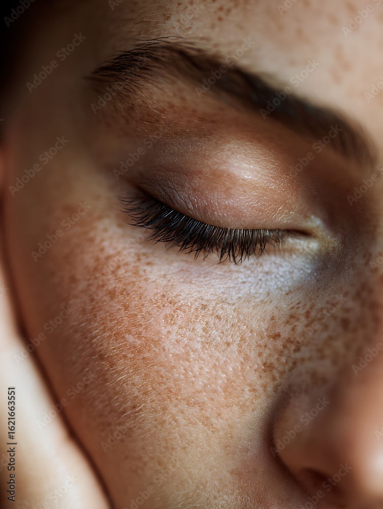 Fototapeta premium Close-up of a White woman’s eye expressing concern. Slight furrow in the brow and soft shadow under the eye.