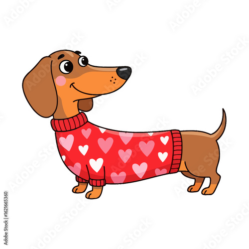 Dachshund in a Sweater with Hearts Cute Doodle Vector Illustration