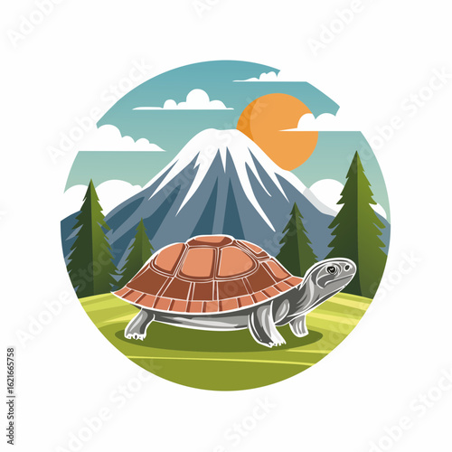 Serene turtle journey amidst mountainous landscape under the warm glow of the setting sun